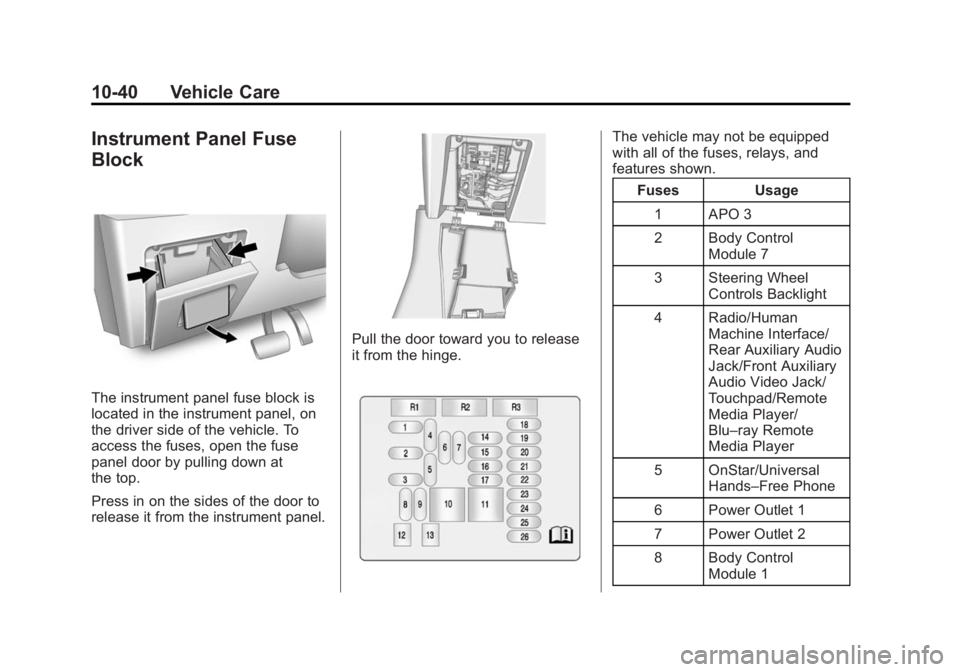 BUICK LACROSSE 2015  Owners Manual Black plate (40,1)Buick LaCrosse Owner Manual (GMNA-Localizing-U.S./Canada/Mexico-
7707475) - 2015 - CRC - 10/9/14
10-40 Vehicle Care
Instrument Panel Fuse
Block
The instrument panel fuse block is
loc