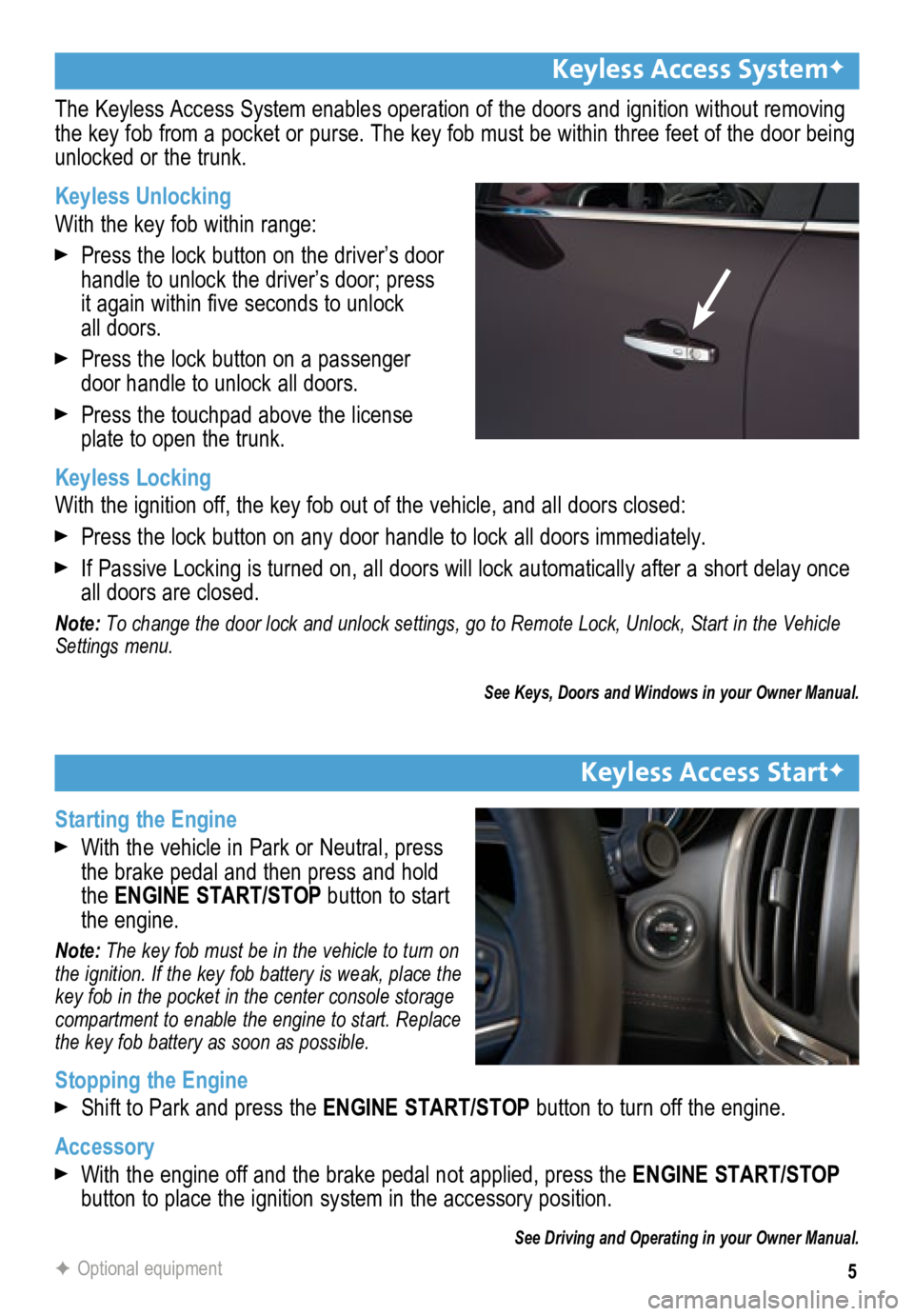 BUICK LACROSSE 2015  Get To Know Guide 5
Keyless Access SystemF 
The Keyless Access System enables operation of the doors and ignition wi\
thout removing 
the key fob from a pocket or purse. The key fob must be within three fee\
t of the d