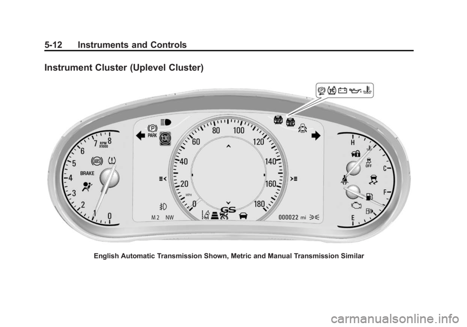 BUICK REGAL 2015 Owners Manual Black plate (12,1)Buick Regal Owner Manual (GMNA-Localizing-U.S./Canada/Mexico-
7576024) - 2015 - CRC - 9/15/14
5-12 Instruments and Controls
Instrument Cluster (Uplevel Cluster)
English Automatic Tra BUICK REGAL 2015 Owners Manual Black plate (12,1)Buick Regal Owner Manual (GMNA-Localizing-U.S./Canada/Mexico-
7576024) - 2015 - CRC - 9/15/14
5-12 Instruments and Controls
Instrument Cluster (Uplevel Cluster)
English Automatic Tra