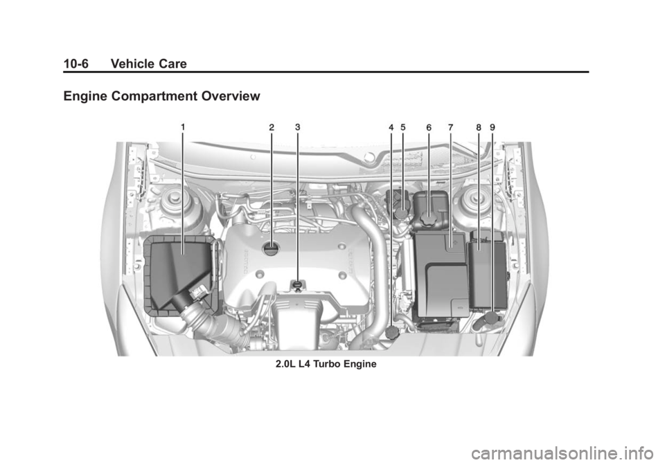 BUICK REGAL 2015 Owners Manual Black plate (6,1)Buick Regal Owner Manual (GMNA-Localizing-U.S./Canada/Mexico-
7576024) - 2015 - CRC - 9/15/14
10-6 Vehicle Care
Engine Compartment Overview
2.0L L4 Turbo Engine BUICK REGAL 2015 Owners Manual Black plate (6,1)Buick Regal Owner Manual (GMNA-Localizing-U.S./Canada/Mexico-
7576024) - 2015 - CRC - 9/15/14
10-6 Vehicle Care
Engine Compartment Overview
2.0L L4 Turbo Engine