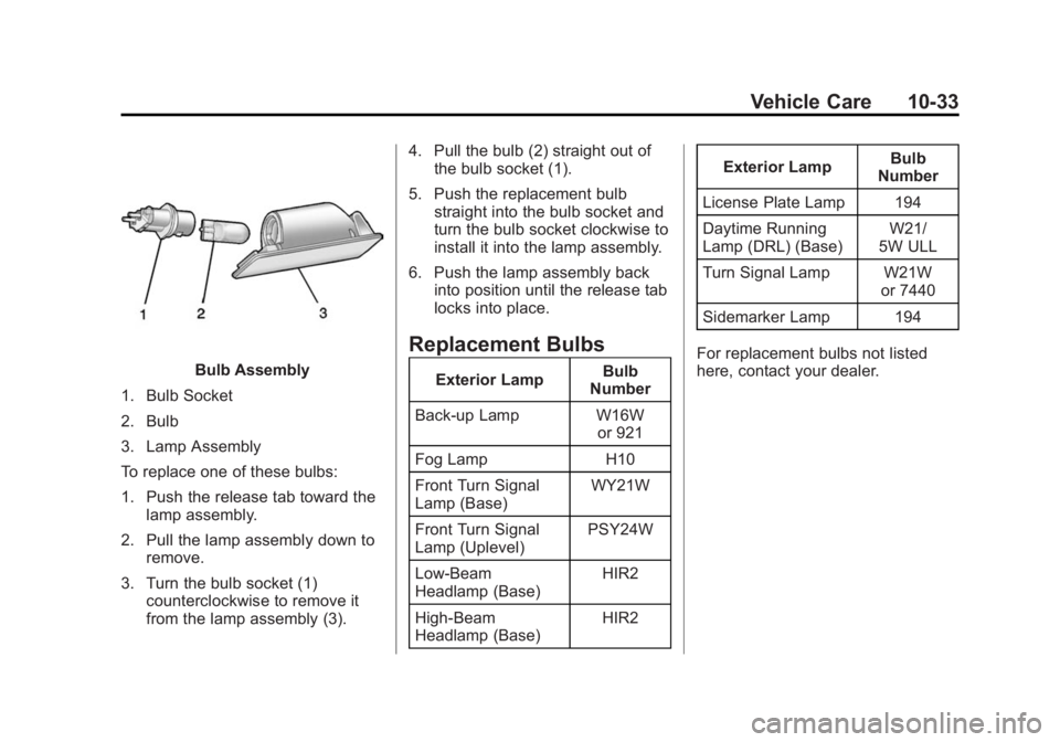 BUICK REGAL 2015 Owners Manual Black plate (33,1)Buick Regal Owner Manual (GMNA-Localizing-U.S./Canada/Mexico-
7576024) - 2015 - CRC - 9/15/14
Vehicle Care 10-33
Bulb Assembly
1. Bulb Socket
2. Bulb
3. Lamp Assembly
To replace one BUICK REGAL 2015 Owners Manual Black plate (33,1)Buick Regal Owner Manual (GMNA-Localizing-U.S./Canada/Mexico-
7576024) - 2015 - CRC - 9/15/14
Vehicle Care 10-33
Bulb Assembly
1. Bulb Socket
2. Bulb
3. Lamp Assembly
To replace one