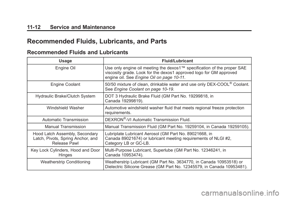 BUICK REGAL 2015 Owners Manual Black plate (12,1)Buick Regal Owner Manual (GMNA-Localizing-U.S./Canada/Mexico-
7576024) - 2015 - CRC - 9/15/14
11-12 Service and Maintenance
Recommended Fluids, Lubricants, and Parts
Recommended Flui BUICK REGAL 2015 Owners Manual Black plate (12,1)Buick Regal Owner Manual (GMNA-Localizing-U.S./Canada/Mexico-
7576024) - 2015 - CRC - 9/15/14
11-12 Service and Maintenance
Recommended Fluids, Lubricants, and Parts
Recommended Flui