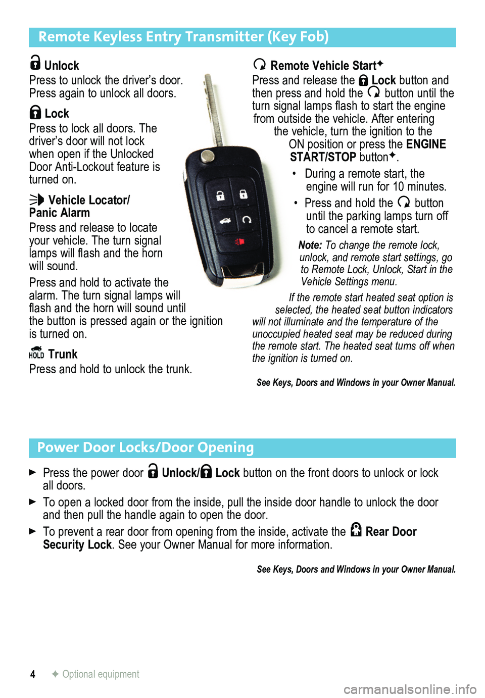 BUICK REGAL 2015  Get To Know Guide 4
Remote Keyless Entry Transmitter (Key Fob) 
 Unlock 
Press to unlock the driver’s door. Press again to unlock all doors.
 Lock 
Press to lock all doors. The driver’s door will not lock when open