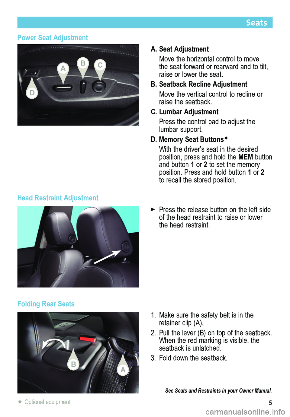 BUICK REGAL 2015  Get To Know Guide 5
Power Seat Adjustment
A. Seat Adjustment
 Move the horizontal control to move the seat forward or rearward and to tilt, raise or lower the seat.
B. Seatback Recline Adjustment
 Move the vertical con