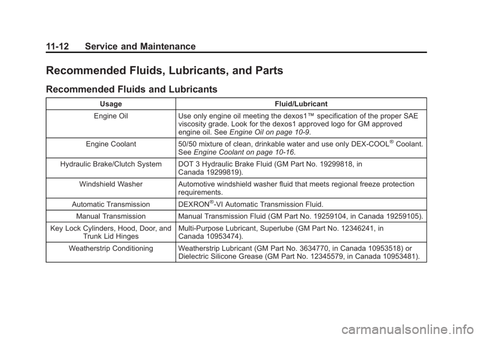 BUICK VERANO 2015 Owners Manual Black plate (12,1)Buick Verano Owner Manual (GMNA-Localizing-U.S./Canada/Mexico-
7707488) - 2015 - CRC - 10/31/14
11-12 Service and Maintenance
Recommended Fluids, Lubricants, and Parts
Recommended Fl BUICK VERANO 2015 Owners Manual Black plate (12,1)Buick Verano Owner Manual (GMNA-Localizing-U.S./Canada/Mexico-
7707488) - 2015 - CRC - 10/31/14
11-12 Service and Maintenance
Recommended Fluids, Lubricants, and Parts
Recommended Fl