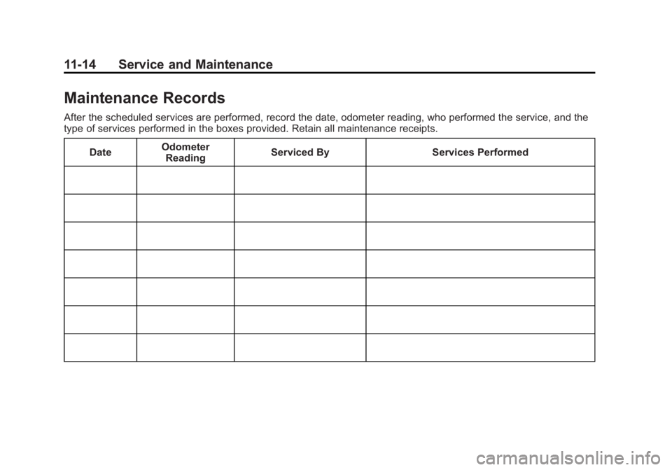 BUICK VERANO 2015 Owners Manual Black plate (14,1)Buick Verano Owner Manual (GMNA-Localizing-U.S./Canada/Mexico-
7707488) - 2015 - CRC - 10/31/14
11-14 Service and Maintenance
Maintenance Records
After the scheduled services are per BUICK VERANO 2015 Owners Manual Black plate (14,1)Buick Verano Owner Manual (GMNA-Localizing-U.S./Canada/Mexico-
7707488) - 2015 - CRC - 10/31/14
11-14 Service and Maintenance
Maintenance Records
After the scheduled services are per