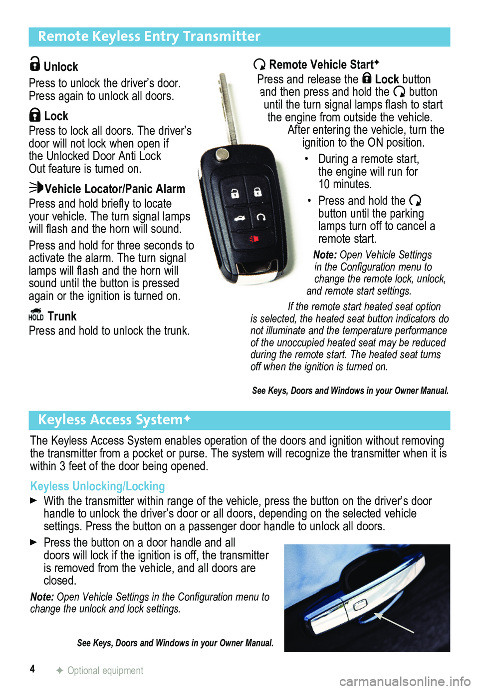 BUICK VERANO 2015  Get To Know Guide 4
Remote Keyless Entry Transmitter
Keyless Access SystemF
The Keyless Access System enables operation of the doors and ignition wi\
thout removing the transmitter from a pocket or purse. The system wi