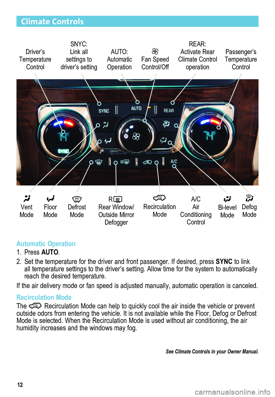 BUICK ENCLAVE 2014  Get To Know Guide 12
Climate Controls
Automatic Operation
1. Press AUTO.
2. Set the temperature for the driver and front passenger. If desired, pres\
s SYNC to link all temperature settings to the driver’s setting. A