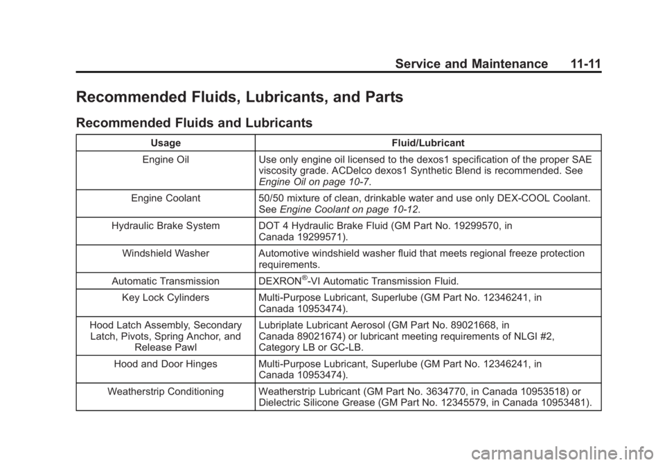 BUICK ENCORE 2014  Owners Manual Black plate (11,1)Buick Encore Owner Manual (GMNA-Localizing-U.S./Canada/Mexico-
6014813) - 2014 - crc - 10/22/13
Service and Maintenance 11-11
Recommended Fluids, Lubricants, and Parts
Recommended Fl