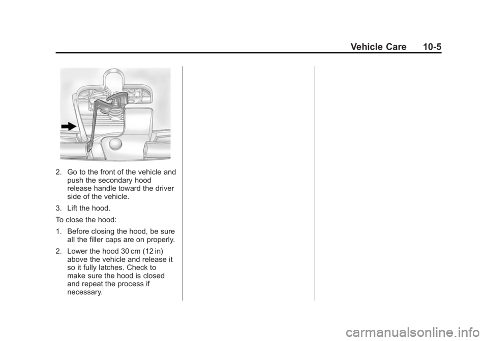 BUICK LACROSSE 2014 Owners Manual Black plate (5,1)Buick LaCrosse Owner Manual (GMNA-Localizing-U.S./Canada/Mexico-
6043609) - 2014 - 2nd Edition - 10/17/13
Vehicle Care 10-5
2. Go to the front of the vehicle andpush the secondary hoo BUICK LACROSSE 2014 Owners Manual Black plate (5,1)Buick LaCrosse Owner Manual (GMNA-Localizing-U.S./Canada/Mexico-
6043609) - 2014 - 2nd Edition - 10/17/13
Vehicle Care 10-5
2. Go to the front of the vehicle andpush the secondary hoo