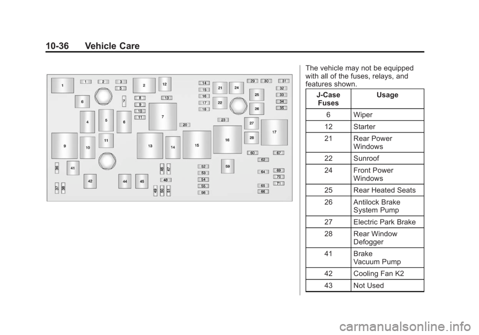 BUICK LACROSSE 2014 Owners Manual Black plate (36,1)Buick LaCrosse Owner Manual (GMNA-Localizing-U.S./Canada/Mexico-
6043609) - 2014 - 2nd Edition - 10/17/13
10-36 Vehicle Care
The vehicle may not be equipped
with all of the fuses, re BUICK LACROSSE 2014 Owners Manual Black plate (36,1)Buick LaCrosse Owner Manual (GMNA-Localizing-U.S./Canada/Mexico-
6043609) - 2014 - 2nd Edition - 10/17/13
10-36 Vehicle Care
The vehicle may not be equipped
with all of the fuses, re