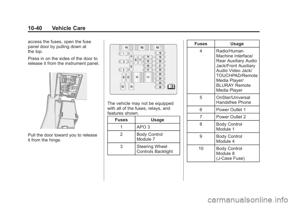 BUICK LACROSSE 2014 Owners Manual Black plate (40,1)Buick LaCrosse Owner Manual (GMNA-Localizing-U.S./Canada/Mexico-
6043609) - 2014 - 2nd Edition - 10/17/13
10-40 Vehicle Care
access the fuses, open the fuse
panel door by pulling dow BUICK LACROSSE 2014 Owners Manual Black plate (40,1)Buick LaCrosse Owner Manual (GMNA-Localizing-U.S./Canada/Mexico-
6043609) - 2014 - 2nd Edition - 10/17/13
10-40 Vehicle Care
access the fuses, open the fuse
panel door by pulling dow