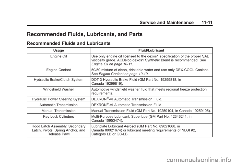 BUICK REGAL 2014 Owners Manual Black plate (11,1)Buick Regal Owner Manual (GMNA-Localizing-U.S./Canada/Mexico-
6081497) - 2014 - CRC 2nd Edition - 11/22/13
Service and Maintenance 11-11
Recommended Fluids, Lubricants, and Parts
Rec BUICK REGAL 2014 Owners Manual Black plate (11,1)Buick Regal Owner Manual (GMNA-Localizing-U.S./Canada/Mexico-
6081497) - 2014 - CRC 2nd Edition - 11/22/13
Service and Maintenance 11-11
Recommended Fluids, Lubricants, and Parts
Rec
