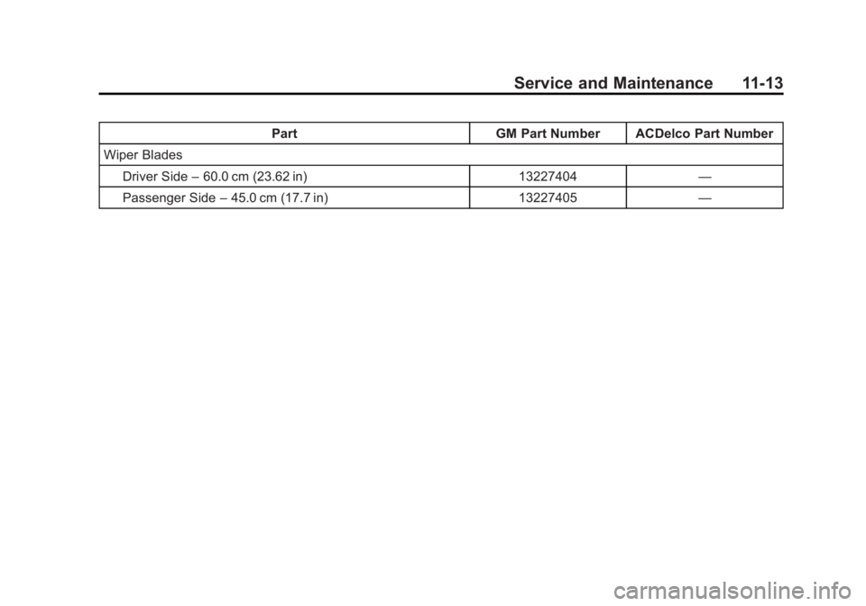 BUICK REGAL 2014 Owners Manual Black plate (13,1)Buick Regal Owner Manual (GMNA-Localizing-U.S./Canada/Mexico-
6081497) - 2014 - CRC 2nd Edition - 11/22/13
Service and Maintenance 11-13
PartGM Part Number ACDelco Part Number
Wiper BUICK REGAL 2014 Owners Manual Black plate (13,1)Buick Regal Owner Manual (GMNA-Localizing-U.S./Canada/Mexico-
6081497) - 2014 - CRC 2nd Edition - 11/22/13
Service and Maintenance 11-13
PartGM Part Number ACDelco Part Number
Wiper