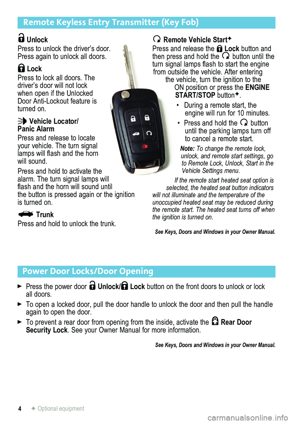 BUICK REGAL 2014  Get To Know Guide 4
Remote Keyless Entry Transmitter (Key Fob) 
 Unlock 
Press to unlock the driver’s door. Press again to unlock all doors.
 Lock 
Press to lock all doors. The driver’s door will not lock when open