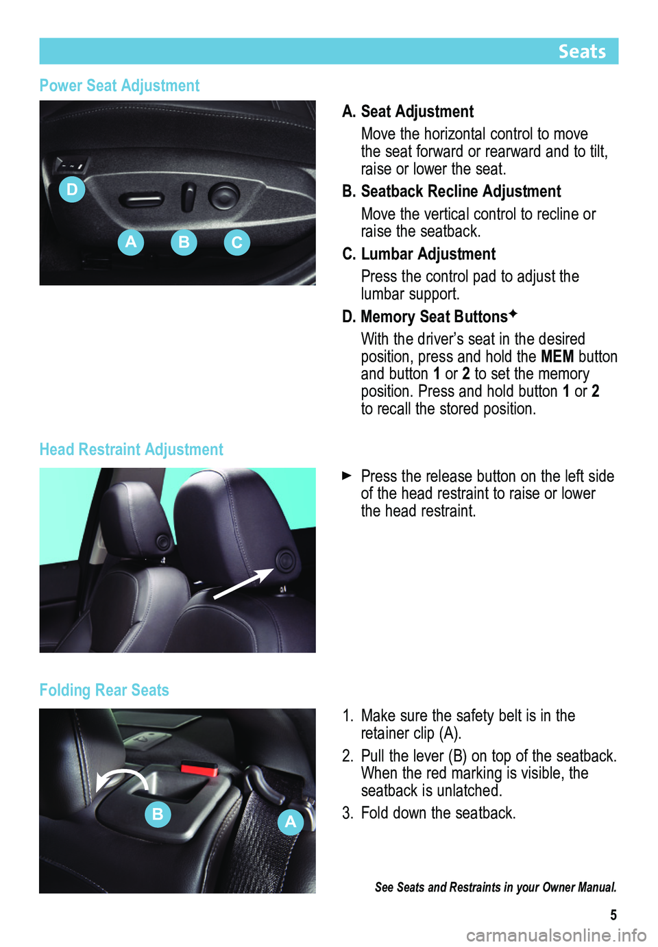 BUICK REGAL 2014  Get To Know Guide 5
Power Seat Adjustment
A. Seat Adjustment
 Move the horizontal control to move the seat forward or rearward and to tilt, raise or lower the seat.
B. Seatback Recline Adjustment
 Move the vertical con