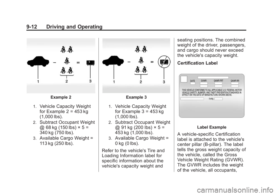 BUICK ENCLAVE 2013  Owners Manual Black plate (12,1)Buick Verano Owner Manual (GMNA-Localizing-U.S./Canada/Mexico-
6042574) - 2014 - crc - 10/18/13
9-12 Driving and Operating
Example 2
1.Vehicle Capacity Weight
for Example 2 = 453 kg
