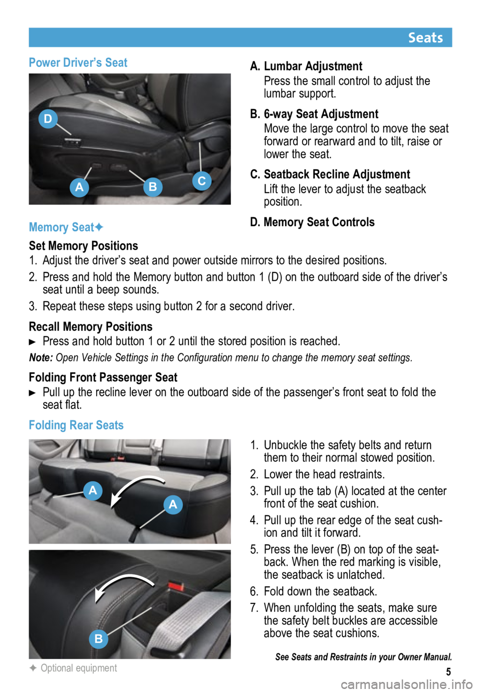 BUICK ENCORE 2013  Get To Know Guide 5
Power Driver’s SeatA. Lumbar Adjustment
  Press the small control to adjust the 
lumbar support.
B.  6-way Seat Adjustment
  Move the large control to move the seat 
forward or rearward and to til
