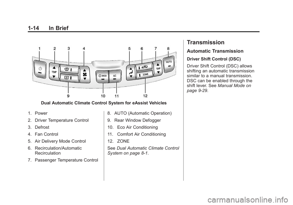 BUICK LACROSSE 2013 User Guide Black plate (14,1)Buick LaCrosse Owner Manual - 2013 - crc - 9/7/12
1-14 In Brief
Dual Automatic Climate Control System for eAssist Vehicles
1. Power
2. Driver Temperature Control
3. Defrost
4. Fan Co