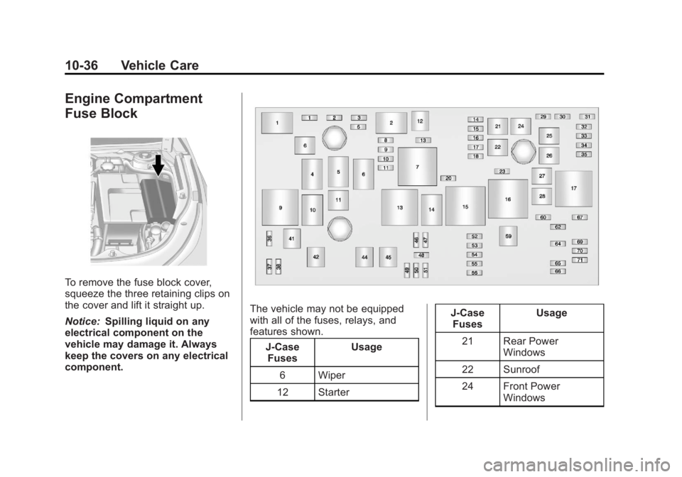 BUICK LACROSSE 2013  Owners Manual Black plate (36,1)Buick LaCrosse Owner Manual - 2013 - crc - 9/7/12
10-36 Vehicle Care
Engine Compartment
Fuse Block
To remove the fuse block cover,
squeeze the three retaining clips on
the cover and 