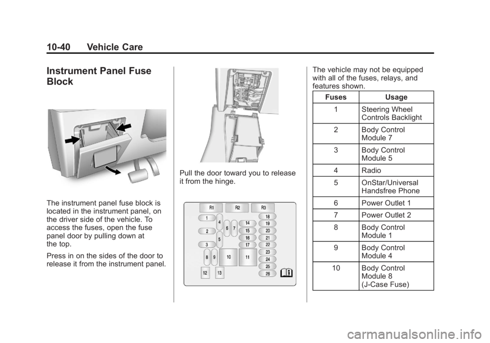 BUICK LACROSSE 2013  Owners Manual Black plate (40,1)Buick LaCrosse Owner Manual - 2013 - crc - 9/7/12
10-40 Vehicle Care
Instrument Panel Fuse
Block
The instrument panel fuse block is
located in the instrument panel, on
the driver sid