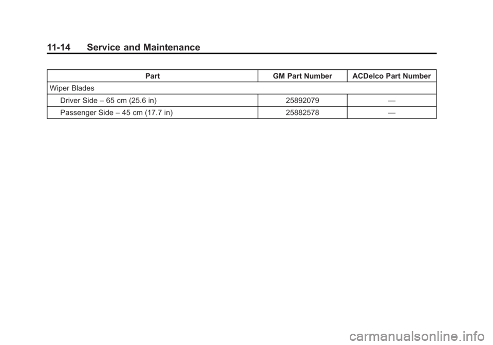 BUICK LACROSSE 2013  Owners Manual Black plate (14,1)Buick LaCrosse Owner Manual - 2013 - crc - 9/7/12
11-14 Service and Maintenance
PartGM Part Number ACDelco Part Number
Wiper Blades Driver Side –65 cm (25.6 in) 25892079—
Passeng