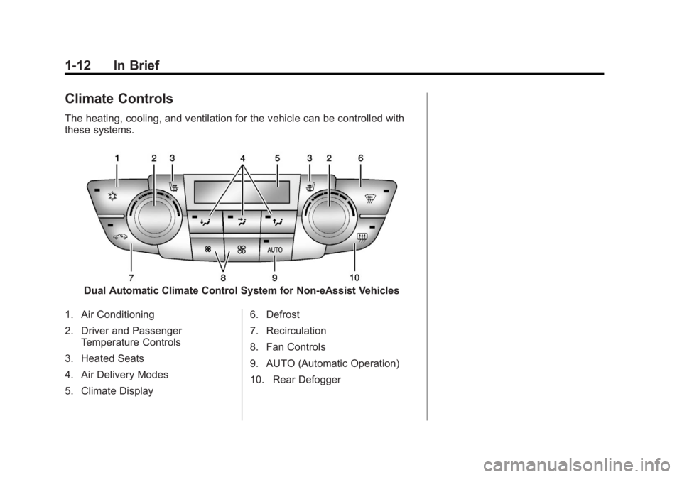 BUICK REGAL 2013 User Guide Black plate (12,1)Buick Regal Owner Manual - 2013 - crc - 11/5/12
1-12 In Brief
Climate Controls
The heating, cooling, and ventilation for the vehicle can be controlled with
these systems.
Dual Automa