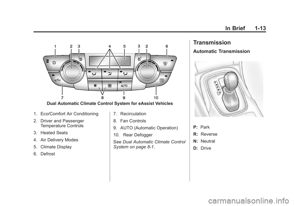 BUICK REGAL 2013 User Guide Black plate (13,1)Buick Regal Owner Manual - 2013 - crc - 11/5/12
In Brief 1-13
Dual Automatic Climate Control System for eAssist Vehicles
1. Eco/Comfort Air Conditioning
2. Driver and Passenger Tempe