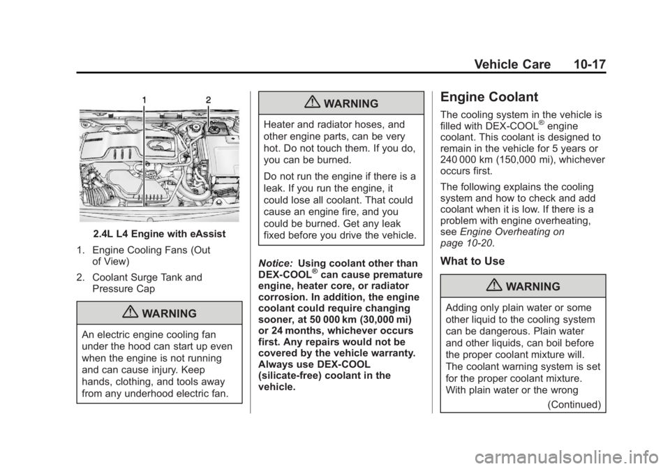 BUICK REGAL 2013  Owners Manual Black plate (17,1)Buick Regal Owner Manual - 2013 - crc - 11/5/12
Vehicle Care 10-17
2.4L L4 Engine with eAssist
1. Engine Cooling Fans (Out of View)
2. Coolant Surge Tank and Pressure Cap
{WARNING
An
