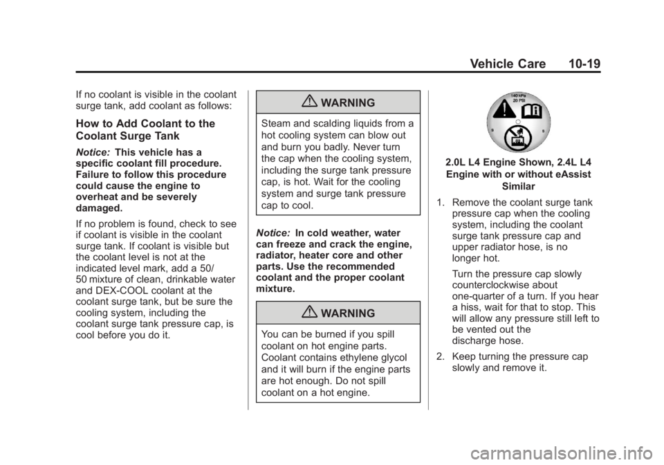 BUICK REGAL 2013  Owners Manual Black plate (19,1)Buick Regal Owner Manual - 2013 - crc - 11/5/12
Vehicle Care 10-19
If no coolant is visible in the coolant
surge tank, add coolant as follows:
How to Add Coolant to the
Coolant Surge