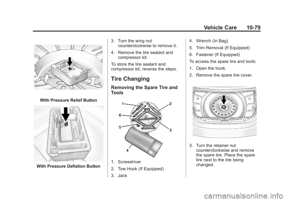 BUICK REGAL 2013 Owners Manual Black plate (79,1)Buick Regal Owner Manual - 2013 - crc - 11/5/12
Vehicle Care 10-79
With Pressure Relief Button
With Pressure Deflation Button3. Turn the wing nut
counterclockwise to remove it.
4. Re BUICK REGAL 2013 Owners Manual Black plate (79,1)Buick Regal Owner Manual - 2013 - crc - 11/5/12
Vehicle Care 10-79
With Pressure Relief Button
With Pressure Deflation Button3. Turn the wing nut
counterclockwise to remove it.
4. Re