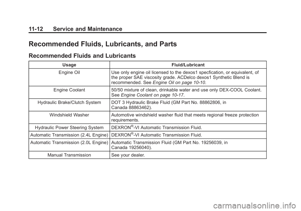 BUICK REGAL 2013 Owners Manual Black plate (12,1)Buick Regal Owner Manual - 2013 - crc - 11/5/12
11-12 Service and Maintenance
Recommended Fluids, Lubricants, and Parts
Recommended Fluids and Lubricants
UsageFluid/Lubricant
Engine BUICK REGAL 2013 Owners Manual Black plate (12,1)Buick Regal Owner Manual - 2013 - crc - 11/5/12
11-12 Service and Maintenance
Recommended Fluids, Lubricants, and Parts
Recommended Fluids and Lubricants
UsageFluid/Lubricant
Engine