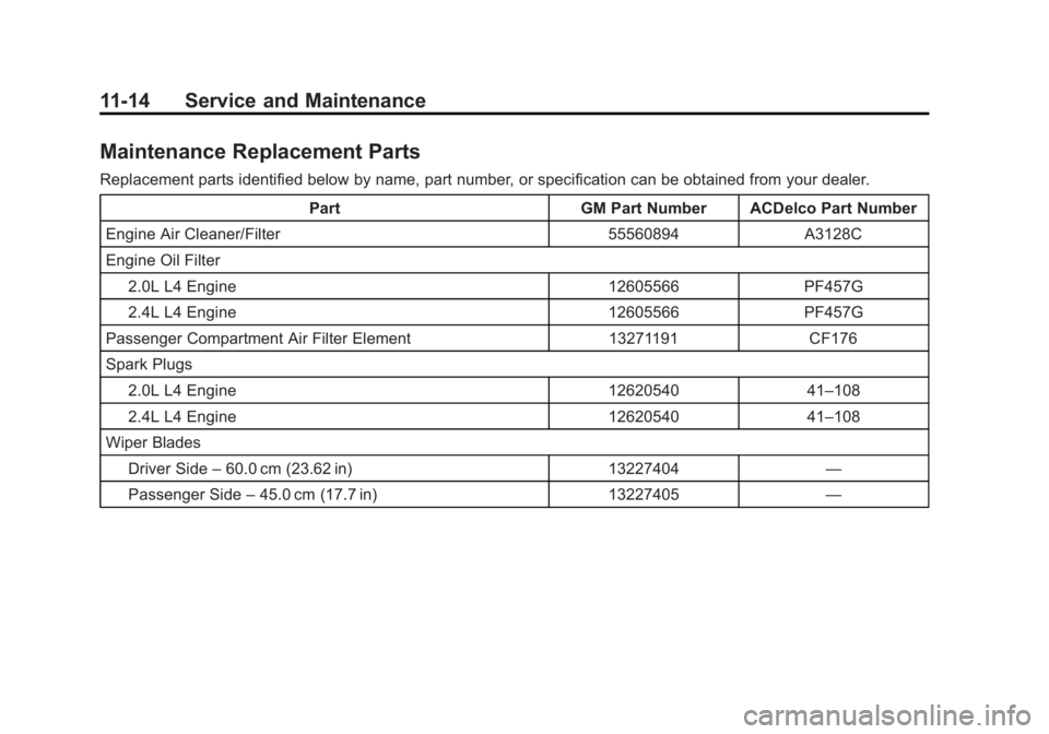 BUICK REGAL 2013 Owners Manual Black plate (14,1)Buick Regal Owner Manual - 2013 - crc - 11/5/12
11-14 Service and Maintenance
Maintenance Replacement Parts
Replacement parts identified below by name, part number, or specification BUICK REGAL 2013 Owners Manual Black plate (14,1)Buick Regal Owner Manual - 2013 - crc - 11/5/12
11-14 Service and Maintenance
Maintenance Replacement Parts
Replacement parts identified below by name, part number, or specification
