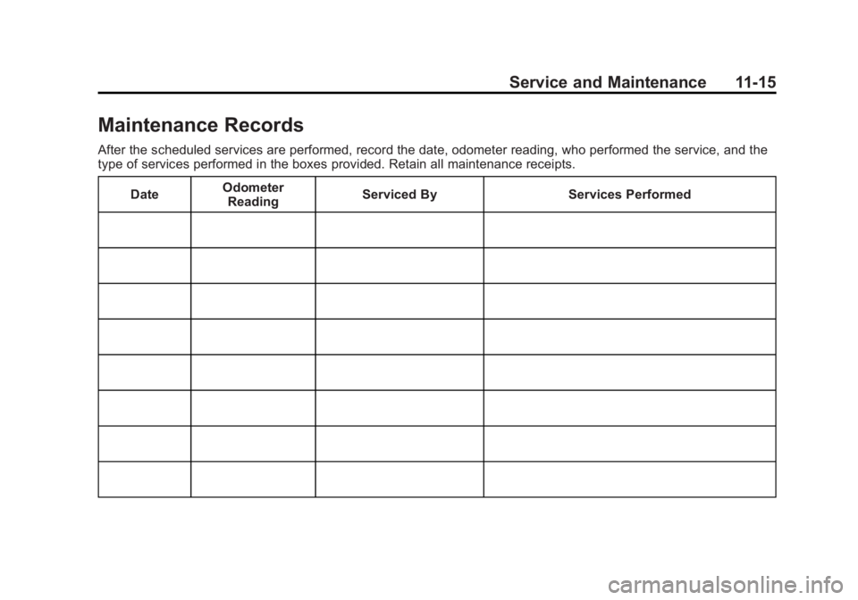 BUICK REGAL 2013  Owners Manual Black plate (15,1)Buick Regal Owner Manual - 2013 - crc - 11/5/12
Service and Maintenance 11-15
Maintenance Records
After the scheduled services are performed, record the date, odometer reading, who p