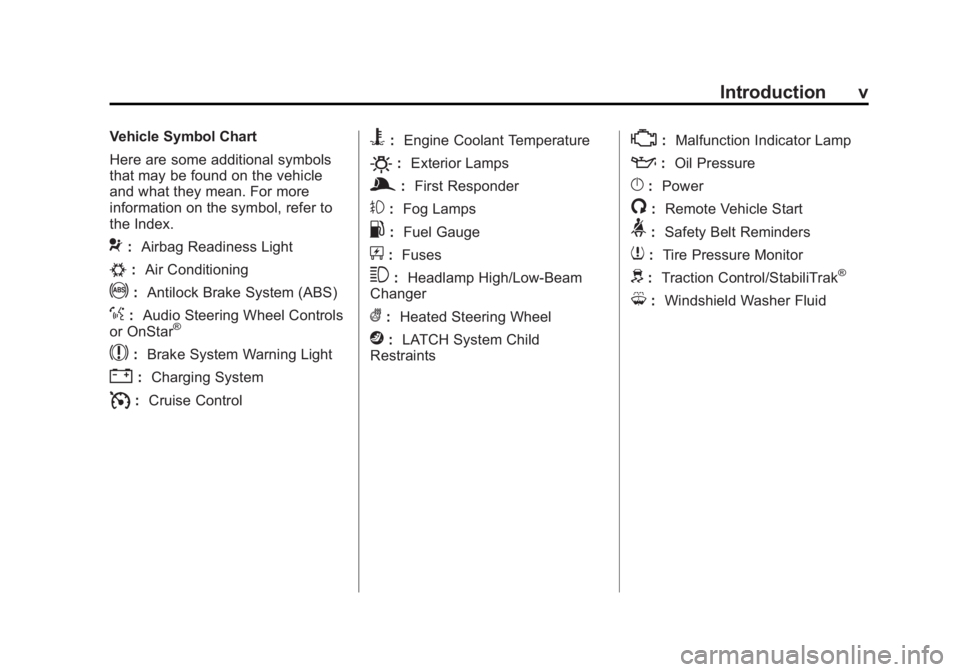 BUICK REGAL 2013  Owners Manual Black plate (5,1)Buick Regal Owner Manual - 2013 - crc - 11/5/12
Introduction v
Vehicle Symbol Chart
Here are some additional symbols
that may be found on the vehicle
and what they mean. For more
info