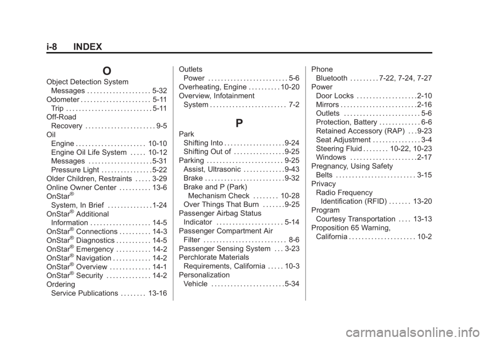 BUICK REGAL 2013  Owners Manual Black plate (8,1)Buick Regal Owner Manual - 2013 - crc - 11/5/12
i-8 INDEX
O
Object Detection SystemMessages . . . . . . . . . . . . . . . . . . . . 5-32
Odometer . . . . . . . . . . . . . . . . . . .