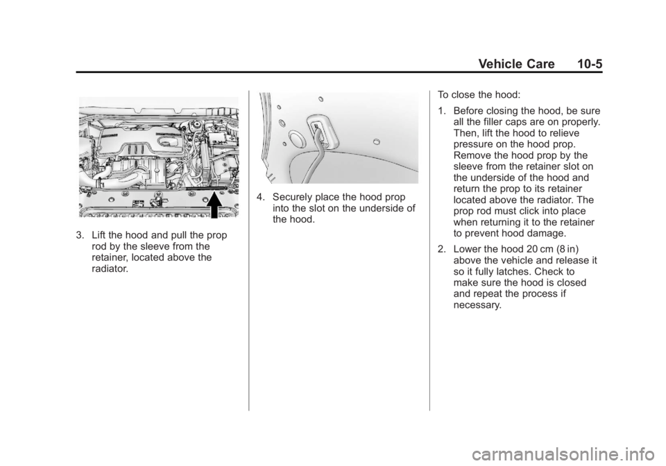 BUICK ENCLAVE 2012  Owners Manual Black plate (5,1)Buick Verano Owner Manual - 2013 - crc - 10/17/12
Vehicle Care 10-5
3. Lift the hood and pull the proprod by the sleeve from the
retainer, located above the
radiator.
4. Securely plac
