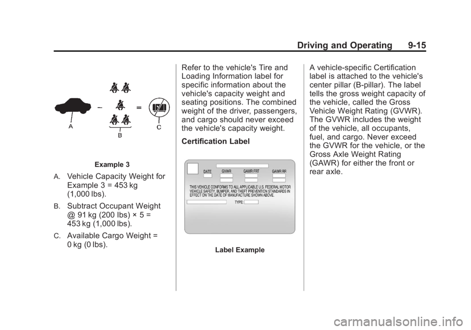 BUICK LACROSSE 2012  Owners Manual Black plate (15,1)Buick LaCrosse Owner Manual - 2012
Driving and Operating 9-15
Example 3
A.
Vehicle Capacity Weight for
Example 3 = 453 kg
(1,000 lbs).
B.Subtract Occupant Weight
@ 91 kg (200 lbs) ×