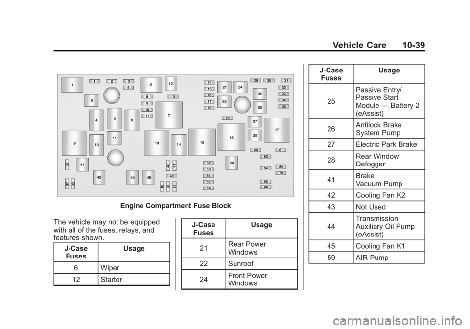 BUICK LACROSSE 2012  Owners Manual Black plate (39,1)Buick LaCrosse Owner Manual - 2012
Vehicle Care 10-39
Engine Compartment Fuse Block
The vehicle may not be equipped
with all of the fuses, relays, and
features shown. J-CaseFuses Usa