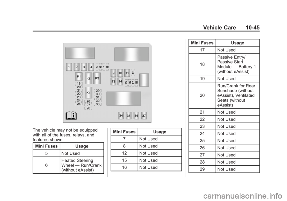 BUICK LACROSSE 2012  Owners Manual Black plate (45,1)Buick LaCrosse Owner Manual - 2012
Vehicle Care 10-45
The vehicle may not be equipped
with all of the fuses, relays, and
features shown.Mini Fuses Usage
5 Not Used
6 Heated Steering
