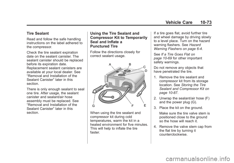BUICK LACROSSE 2012  Owners Manual Black plate (73,1)Buick LaCrosse Owner Manual - 2012
Vehicle Care 10-73
Tire Sealant
Read and follow the safe handling
instructions on the label adhered to
the compressor.
Check the tire sealant expir