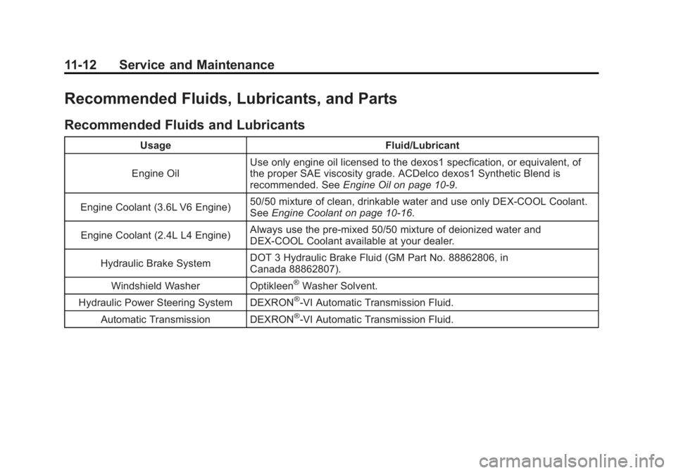 BUICK LACROSSE 2012  Owners Manual Black plate (12,1)Buick LaCrosse Owner Manual - 2012
11-12 Service and Maintenance
Recommended Fluids, Lubricants, and Parts
Recommended Fluids and Lubricants
UsageFluid/Lubricant
Engine Oil Use only 