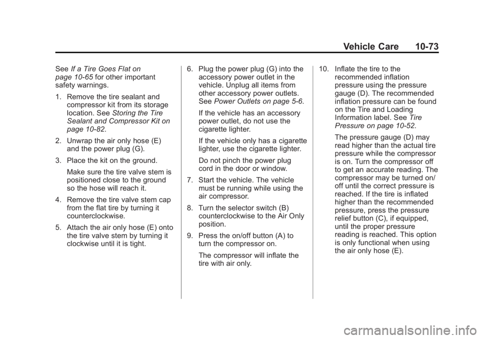 BUICK REGAL 2012 Owners Manual Black plate (73,1)Buick Regal Owner Manual - 2012
Vehicle Care 10-73
SeeIf a Tire Goes Flat on
page 10‑65 for other important
safety warnings.
1. Remove the tire sealant and compressor kit from its BUICK REGAL 2012 Owners Manual Black plate (73,1)Buick Regal Owner Manual - 2012
Vehicle Care 10-73
SeeIf a Tire Goes Flat on
page 10‑65 for other important
safety warnings.
1. Remove the tire sealant and compressor kit from its