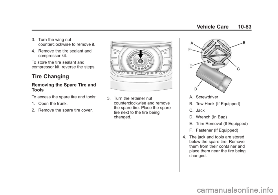 BUICK REGAL 2012  Owners Manual Black plate (83,1)Buick Regal Owner Manual - 2012
Vehicle Care 10-83
3. Turn the wing nutcounterclockwise to remove it.
4. Remove the tire sealant and compressor kit.
To store the tire sealant and
com