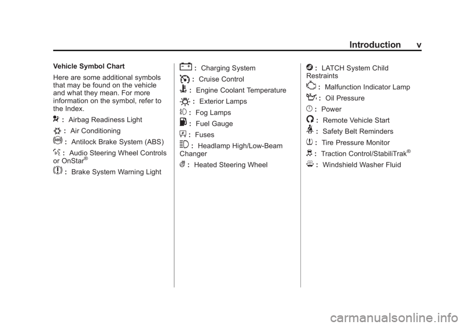 BUICK REGAL 2012  Owners Manual Black plate (5,1)Buick Regal Owner Manual - 2012
Introduction v
Vehicle Symbol Chart
Here are some additional symbols
that may be found on the vehicle
and what they mean. For more
information on the s