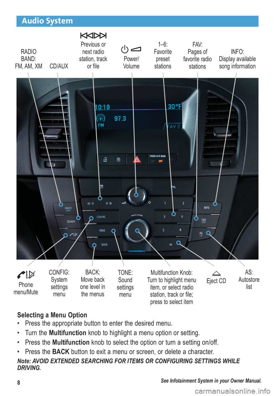 BUICK REGAL 2012  Get To Know Guide 8
Audio System
RADIO
BAND: 
FM, AM, XM1–6: 
Favorite
preset
stationsFAV:
Pages of
favorite radio
stations Previous or
next radio
station, track 
or file
CD/AUXPower/
VolumeINFO: 
Display available
s