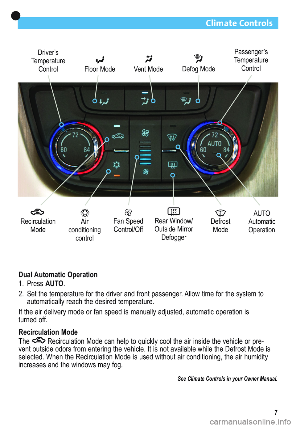 BUICK ENCLAVE 2011  Get To Know Guide 7
Climate Controls
Recirculation
Mode
Driver’s
Temperature
Control Floor Mode
Vent ModeDefog Mode
Fan Speed
Control/OffRear Window/
Outside Mirror
DefoggerAir
conditioning
control
AUTO
Automatic
Ope