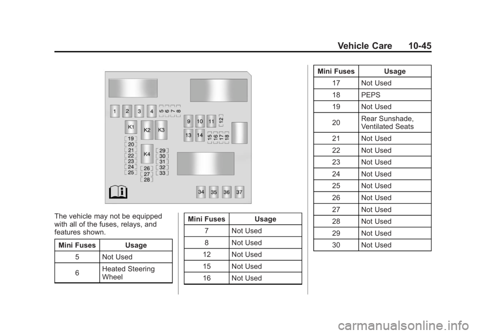 BUICK LACROSSE 2011 Owners Manual Black plate (45,1)Buick LaCrosse Owner Manual - 2011
Vehicle Care 10-45
The vehicle may not be equipped
with all of the fuses, relays, and
features shown.Mini Fuses Usage 5 Not Used
6 Heated Steering
BUICK LACROSSE 2011 Owners Manual Black plate (45,1)Buick LaCrosse Owner Manual - 2011
Vehicle Care 10-45
The vehicle may not be equipped
with all of the fuses, relays, and
features shown.Mini Fuses Usage 5 Not Used
6 Heated Steering