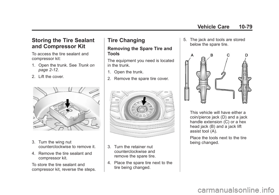 BUICK LACROSSE 2011 Owners Manual Black plate (79,1)Buick LaCrosse Owner Manual - 2011
Vehicle Care 10-79
Storing the Tire Sealant
and Compressor Kit
To access the tire sealant and
compressor kit:
1. Open the trunk. SeeTrunk on
page 2 BUICK LACROSSE 2011 Owners Manual Black plate (79,1)Buick LaCrosse Owner Manual - 2011
Vehicle Care 10-79
Storing the Tire Sealant
and Compressor Kit
To access the tire sealant and
compressor kit:
1. Open the trunk. SeeTrunk on
page 2
