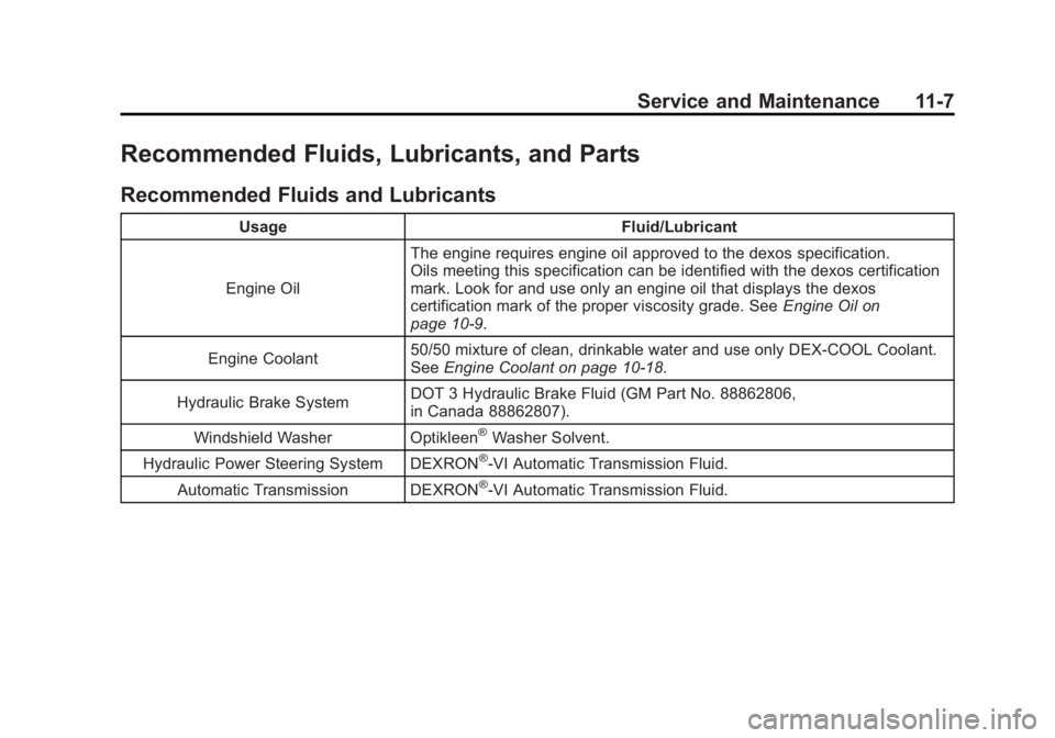 BUICK LACROSSE 2011  Owners Manual Black plate (7,1)Buick LaCrosse Owner Manual - 2011
Service and Maintenance 11-7
Recommended Fluids, Lubricants, and Parts
Recommended Fluids and Lubricants
UsageFluid/Lubricant
Engine Oil The engine 